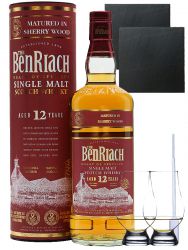 Benriach 12 Jahre Sherry Wood Finish Single Malt Whisky 0,7 Liter + 2 Glencairn Glser + 2 Schieferuntersetzer + Einwegpipette 1 Stck