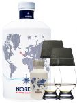 Nordes Atlantic Gin Set 1 x 0,7 Liter und 1 x 0,05 Liter Miniatur + 2 Glencairn Glser + 2 Schieferuntersetzer quadratisch 9,5 cm