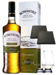 Bowmore Small Batch Single Malt Whisky 0,7 Liter + 2 Glencairn Glser + 2 Schieferuntersetzer quadratisch ca. 9,5 cm
