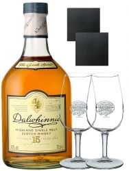 Dalwhinnie 15 Jahre Whisky 0,7 Liter + 2 Classic Malt Whiskygläser + 2 Schieferuntersetzer Eckig 7cm