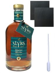 Slyrs Alpine Herbs Likör aus Deutschland 0,35 Liter + 2 Schieferuntersetzer 9,5 cm + Einwegpipette 1 Stück