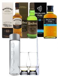 Whisky Probierset Bowmore 12 0,35L, Ardbeg 10 0,35L, Highland Park 0,35L + 850ml Voss Wasser Still, 2 Glencairn Glser und eine Einwegpipette