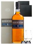 Auchentoshan 18 Jahre Single Malt Whisky 0,7 Liter + 2 Glencairn Gläser + 2 Schieferuntersetzer quadratisch 9,5 cm