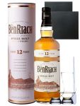 BenRiach 12 Jahre Speyside Single Malt Whisky 0,7 Liter + 2 Glencairn Gläser + 2 Schieferuntersetzer quadratisch 9,5 cm + Einwegpipette