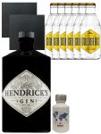 Gin-Set Hendricks Gin Small Batch 0,7 Liter + Nordes Atlantic Gin 0,05 Liter Miniatur + 6 Goldberg Tonic Water 0,2 Liter + 2 Schieferuntersetzer quadratisch 9,5 cm