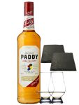 Paddy Irish Whiskey 0,7 Liter + 2 Glencairn Gläser und 2 Schiefer Glasuntersetzer 9,5 cm