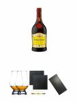 Cardenal Mendoza spanischer Brandy 0,7 Liter + The Glencairn Glass Whisky Glas Stölzle 2 Stück + Schiefer Glasuntersetzer eckig ca. 9,5 cm Ø 2 Stück + Buffet-Platte Servierplatte Schieferplatte aus Schiefer 60 x 30 cm schwarz