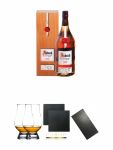 Asbach Jahrgangsbrand 1972 in Holzkiste 0,7 Liter + The Glencairn Glass Whisky Glas Stölzle 2 Stück + Schiefer Glasuntersetzer eckig ca. 9,5 cm Ø 2 Stück + Buffet-Platte Servierplatte Schieferplatte aus Schiefer 60 x 30 cm schwarz