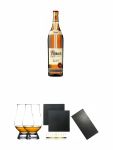 Asbach Uralt klassischer deutscher Weinbrand Magnumflasche 3,0 Liter + The Glencairn Glass Whisky Glas Stölzle 2 Stück + Schiefer Glasuntersetzer eckig ca. 9,5 cm Ø 2 Stück + Buffet-Platte Servierplatte Schieferplatte aus Schiefer 60 x 30 cm schwarz