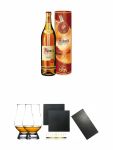 Asbach Uralt klassischer deutscher Weinbrand 0,7 Liter + The Glencairn Glass Whisky Glas Stölzle 2 Stück + Schiefer Glasuntersetzer eckig ca. 9,5 cm Ø 2 Stück + Buffet-Platte Servierplatte Schieferplatte aus Schiefer 60 x 30 cm schwarz