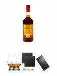 Carlos III Spanien 0,7 Liter + The Glencairn Glass Whisky Glas Stölzle 2 Stück + Schiefer Glasuntersetzer eckig ca. 9,5 cm Ø 2 Stück + Buffet-Platte Servierplatte Schieferplatte aus Schiefer 60 x 30 cm schwarz