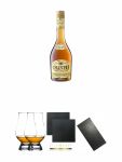 Chantrè deutscher Weinbrand 0,7 Liter + The Glencairn Glass Whisky Glas Stölzle 2 Stück + Schiefer Glasuntersetzer eckig ca. 9,5 cm Ø 2 Stück + Buffet-Platte Servierplatte Schieferplatte aus Schiefer 60 x 30 cm schwarz