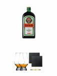 Jägermeister aus Deutschland 0,7 Liter + The Glencairn Glass Whisky Glas Stölzle 2 Stück + Schiefer Glasuntersetzer eckig ca. 9,5 cm Ø 2 Stück