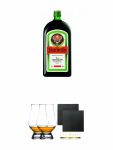 Jägermeister aus Deutschland 1,0 Liter + The Glencairn Glass Whisky Glas Stölzle 2 Stück + Schiefer Glasuntersetzer eckig ca. 9,5 cm Ø 2 Stück