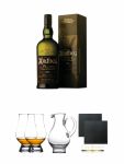 Ardbeg TEN 10 Jahre Islay Single Malt Whisky 1,0 Liter + The Glencairn Glass Whisky Glas Stölzle 2 Stück + Wasserkrug Half Pint Serie The Glencairn Glass Stölzle + Schiefer Glasuntersetzer eckig ca. 9,5 cm Ø 2 Stück
