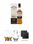 Bowmore 12 Jahre Single Malt Whisky 0,35 Liter + The Glencairn Glass Whisky Glas Stölzle 2 Stück + Wasserkrug Half Pint Serie The Glencairn Glass Stölzle + Schiefer Glasuntersetzer eckig ca. 9,5 cm Ø 2 Stück