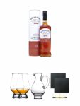 Bowmore 15 Jahre Sherry Cask Finish 0,7 Liter + The Glencairn Glass Whisky Glas Stölzle 2 Stück + Wasserkrug Half Pint Serie The Glencairn Glass Stölzle + Schiefer Glasuntersetzer eckig ca. 9,5 cm Ø 2 Stück