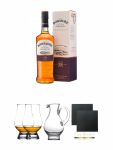 Bowmore 18 Jahre Islay Single Malt Whisky 0,7 Liter + The Glencairn Glass Whisky Glas Stölzle 2 Stück + Wasserkrug Half Pint Serie The Glencairn Glass Stölzle + Schiefer Glasuntersetzer eckig ca. 9,5 cm Ø 2 Stück