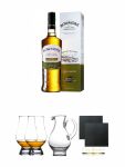 Bowmore Small Batch Single Malt Whisky 0,7 Liter + The Glencairn Glass Whisky Glas Stölzle 2 Stück + Wasserkrug Half Pint Serie The Glencairn Glass Stölzle + Schiefer Glasuntersetzer eckig ca. 9,5 cm Ø 2 Stück
