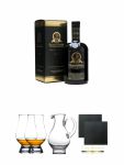 Bunnahabhain 18 Jahre Islay Single Malt Whisky 0,7 Liter + The Glencairn Glass Whisky Glas Stölzle 2 Stück + Wasserkrug Half Pint Serie The Glencairn Glass Stölzle + Schiefer Glasuntersetzer eckig ca. 9,5 cm Ø 2 Stück