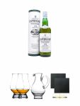 Laphroaig 10 Jahre Islay Single Malt Whisky 0,7 Liter + The Glencairn Glass Whisky Glas Stölzle 2 Stück + Wasserkrug Half Pint Serie The Glencairn Glass Stölzle + Schiefer Glasuntersetzer eckig ca. 9,5 cm Ø 2 Stück