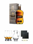 Isle of Jura 10 Jahre Single Malt Whisky 0,7 Liter + The Glencairn Glass Whisky Glas Stölzle 2 Stück + Wasserkrug Half Pint Serie The Glencairn Glass Stölzle + Schiefer Glasuntersetzer eckig ca. 9,5 cm Ø 2 Stück