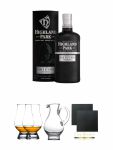 Highland Park Dark Origins 46,8% Vol. 0,7 Liter + The Glencairn Glass Whisky Glas Stölzle 2 Stück + Wasserkrug Half Pint Serie The Glencairn Glass Stölzle + Schiefer Glasuntersetzer eckig ca. 9,5 cm Ø 2 Stück