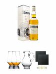 Cragganmore 12 Jahre Single Malt Whisky 0,7 Liter + The Glencairn Glass Whisky Glas Stölzle 2 Stück + Wasserkrug Half Pint Serie The Glencairn Glass Stölzle + Schiefer Glasuntersetzer eckig ca. 9,5 cm Ø 2 Stück