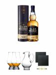 Glen Moray Classic Single Malt Whisky 0,7 Liter + The Glencairn Glass Whisky Glas Stölzle 2 Stück + Wasserkrug Half Pint Serie The Glencairn Glass Stölzle + Schiefer Glasuntersetzer eckig ca. 9,5 cm Ø 2 Stück