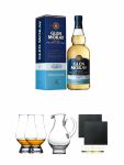Glen Moray PEATED Single Malt Whisky 0,7 Liter + The Glencairn Glass Whisky Glas Stölzle 2 Stück + Wasserkrug Half Pint Serie The Glencairn Glass Stölzle + Schiefer Glasuntersetzer eckig ca. 9,5 cm Ø 2 Stück
