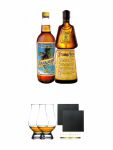 Frangelico Haselnuss Likör 0,7 Liter + 1 x Mamajuana Rum Likör 0,7 Liter + The Glencairn Glass Whisky Glas Stölzle 2 Stück + Schiefer Glasuntersetzer eckig ca. 9,5 cm Ø 2 Stück