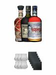 Rum Dreier Set: Botucal 12 Years, Plantation XO und Don Papa 0,7 Liter + Botucal Rum Gläser 6 Stück + Schiefer Glasuntersetzer eckig 6 x ca. 9,5 cm Durchmesser